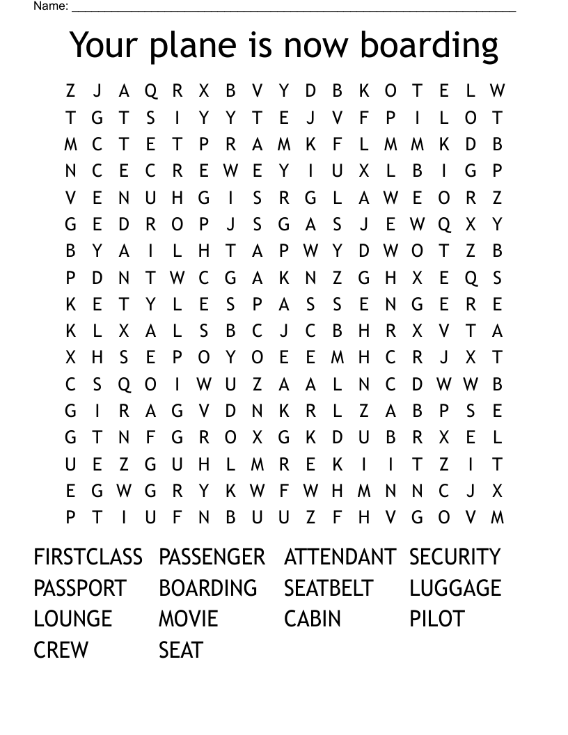 Your plane is now boarding Word Search