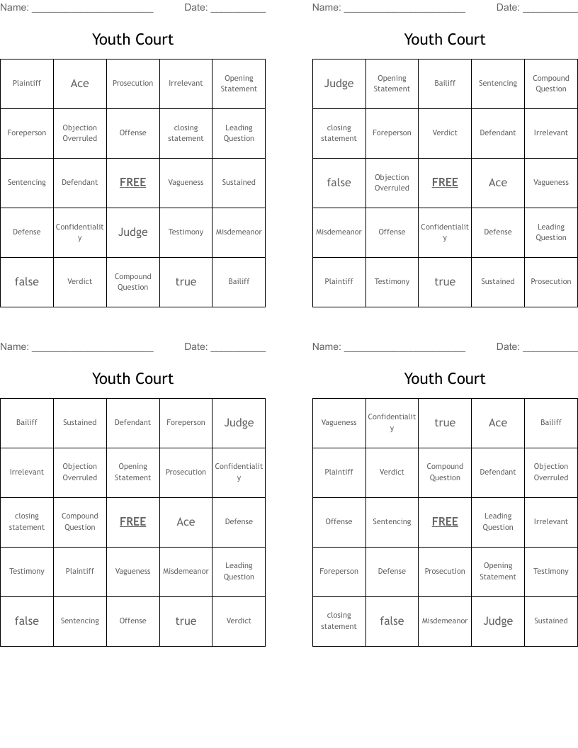 Youth Court Bingo Cards