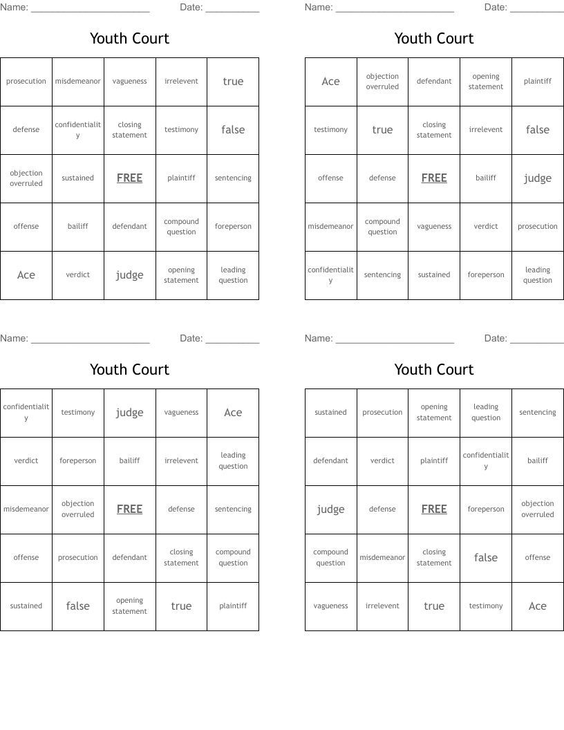 Youth Court Bingo Cards