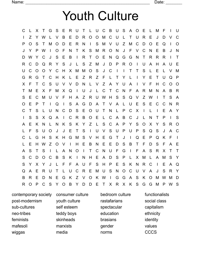 Youth Culture Word Search