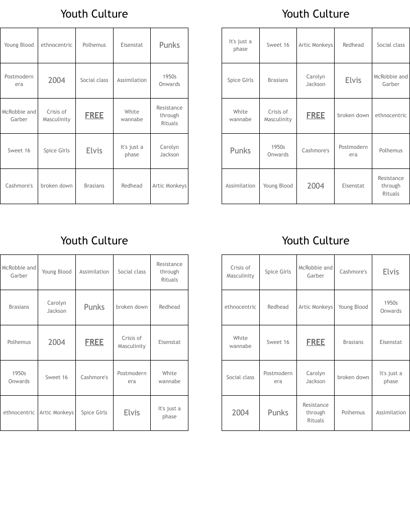 Youth Culture Bingo Cards