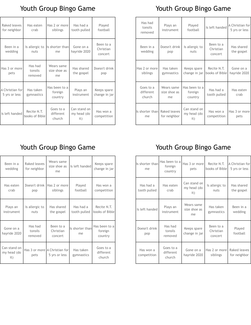 Youth Group Bingo Game