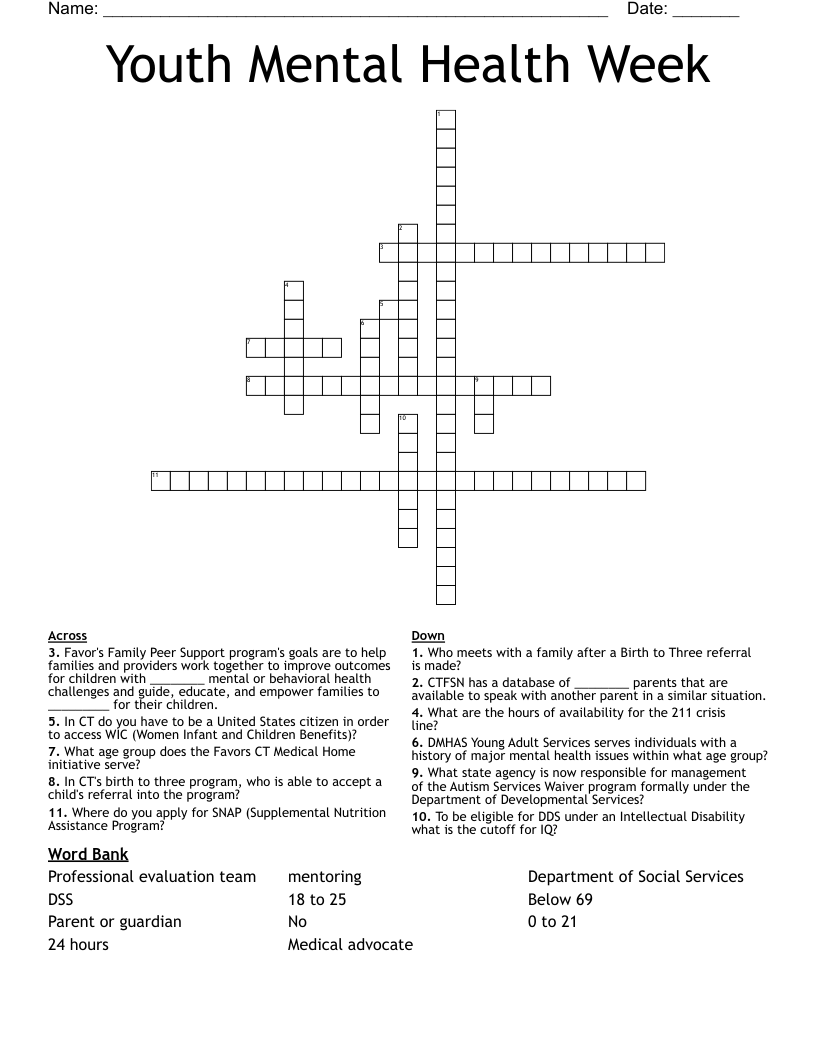 Youth Mental Health Week Crossword