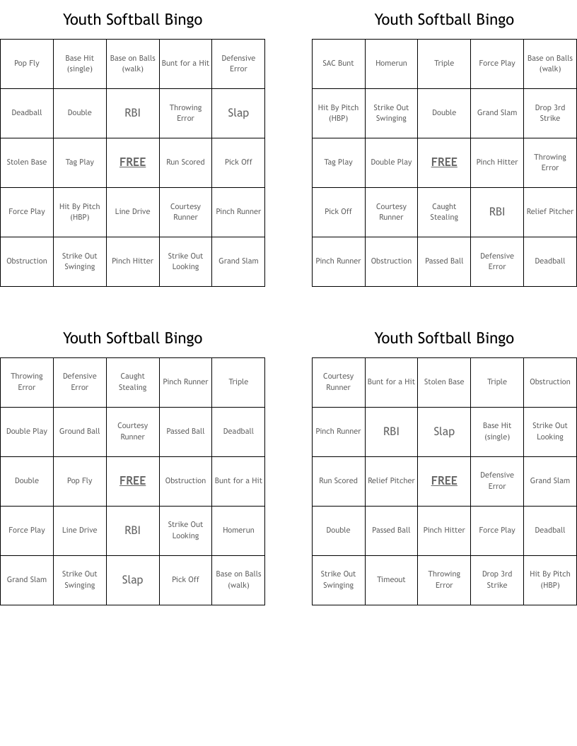 Youth Softball Bingo 