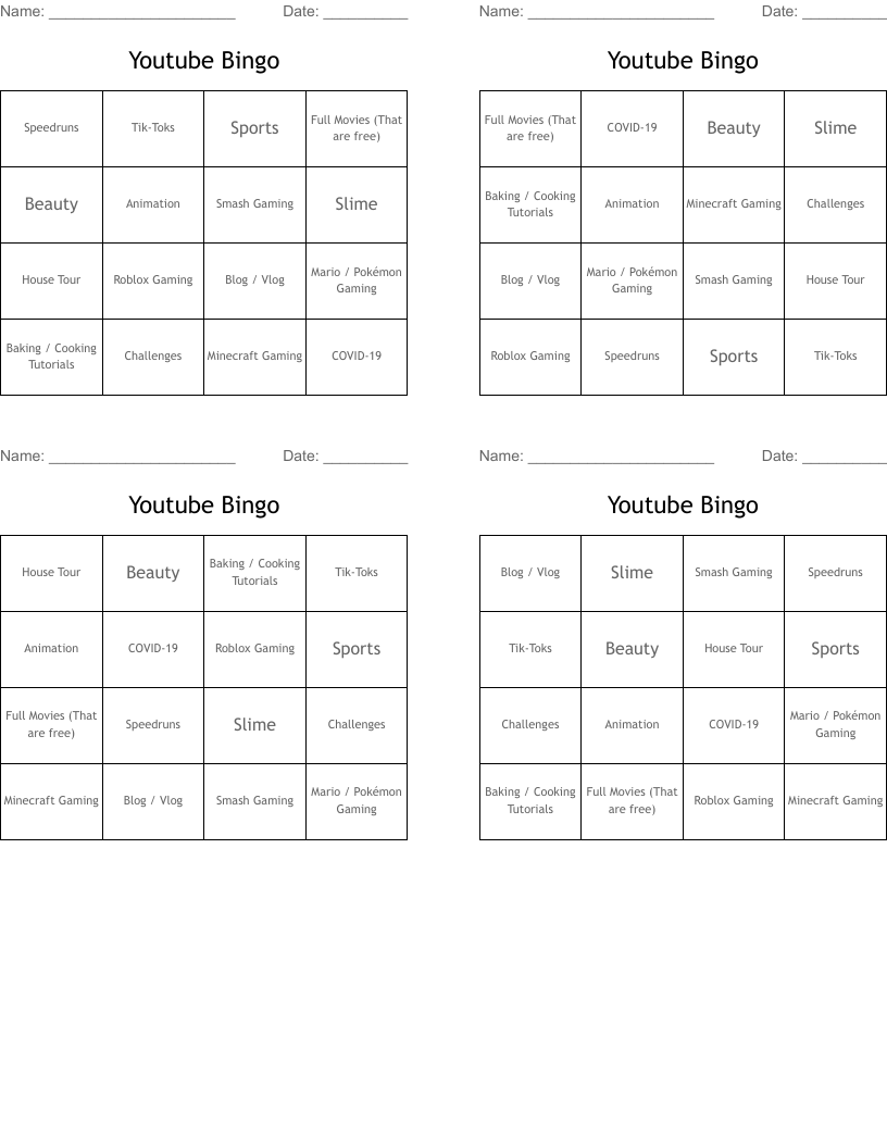 Youtube Bingo