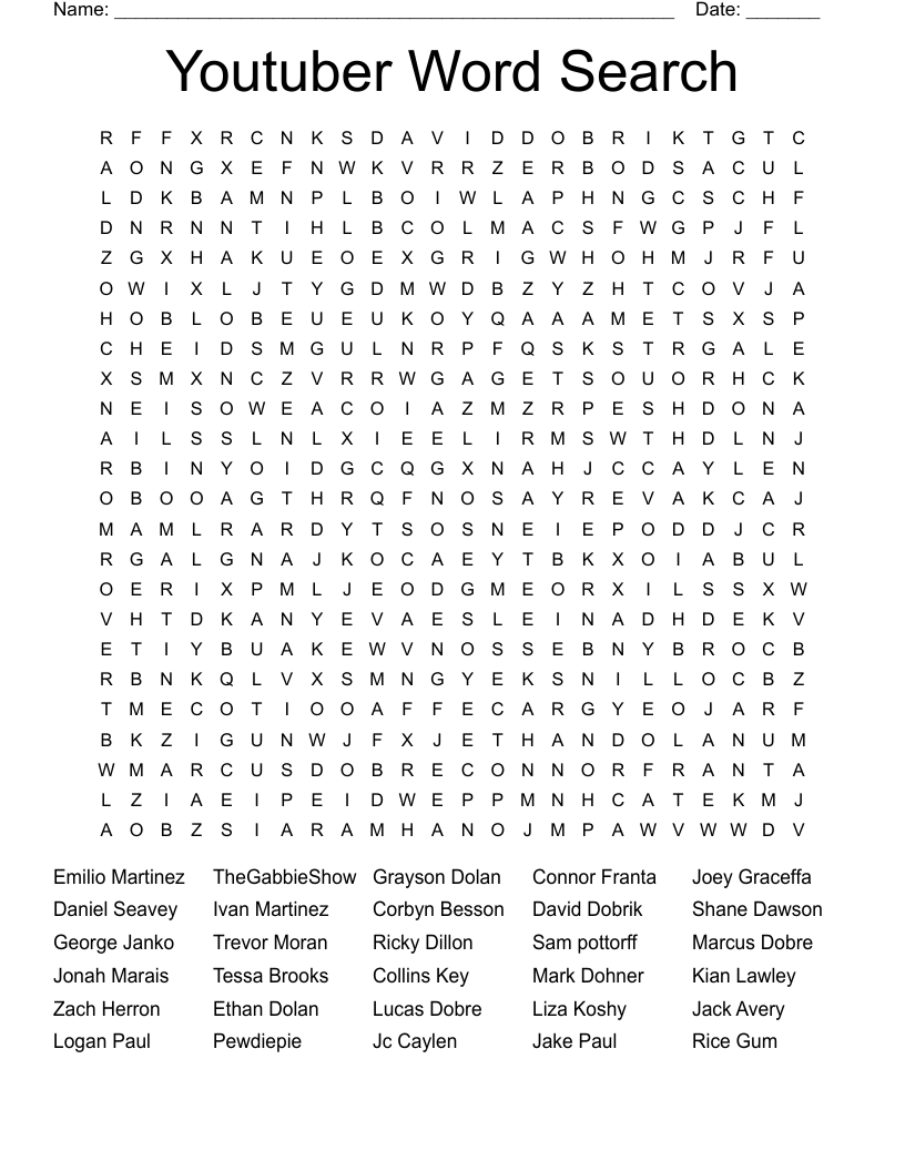 Youtuber Word Search