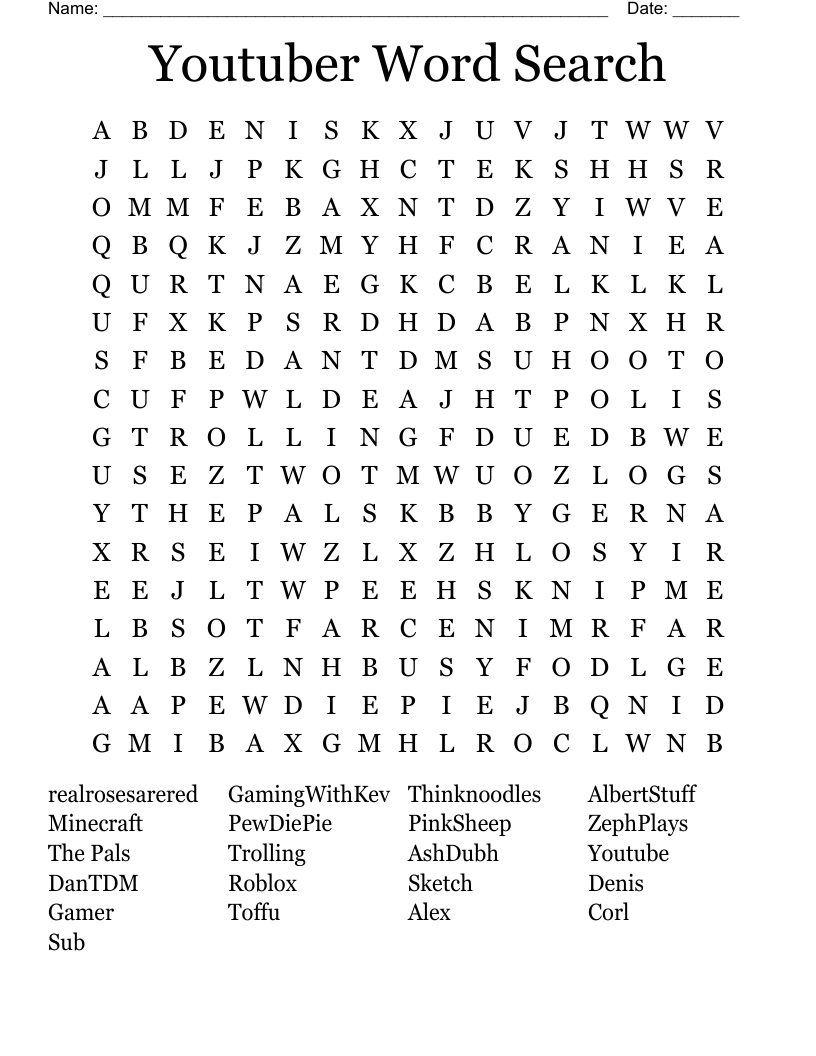 Youtuber Word Search