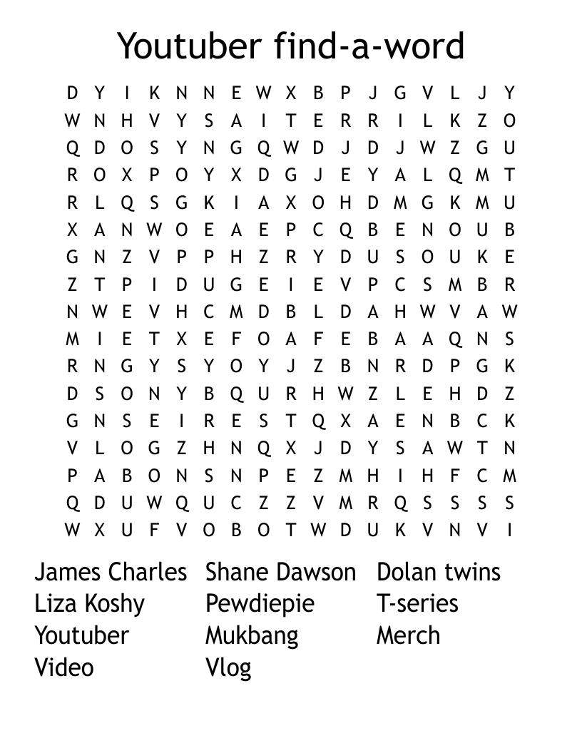 Youtuber find-a-word Word Search