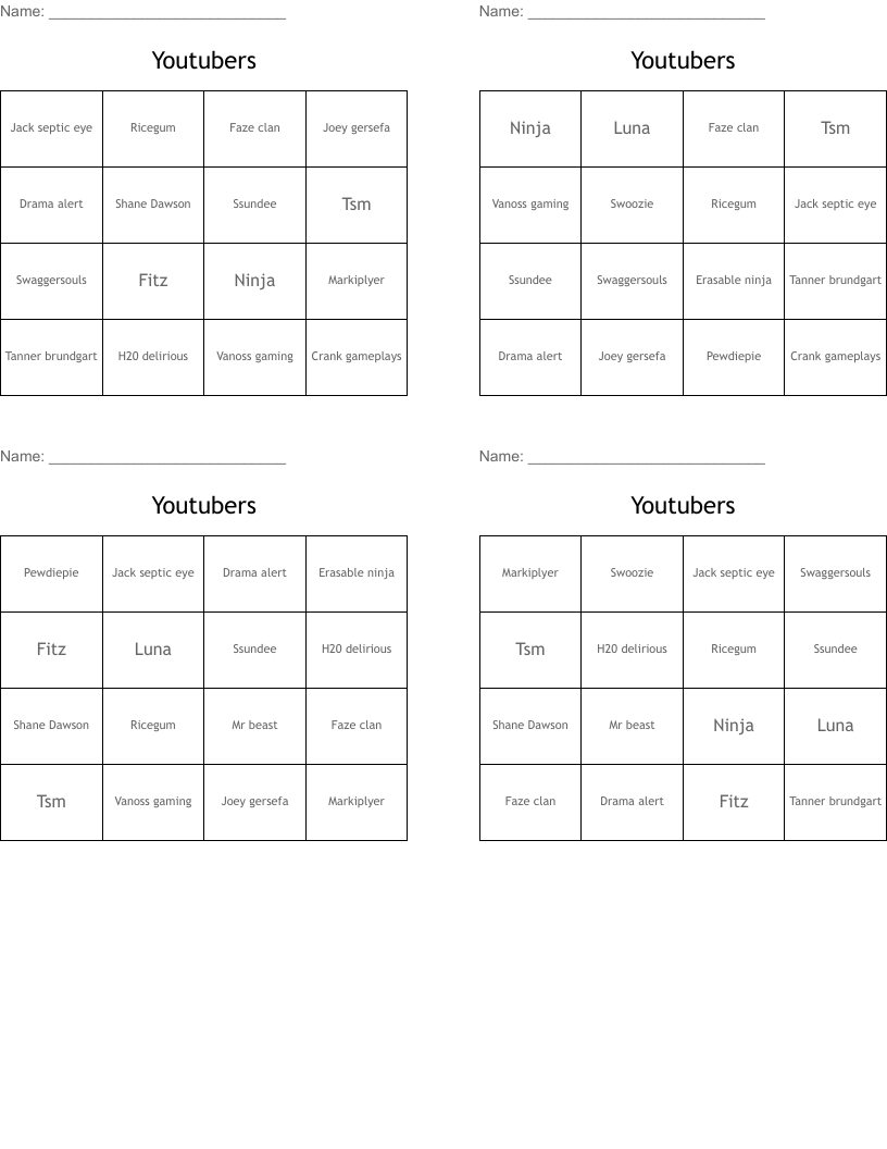 Youtubers Bingo Cards
