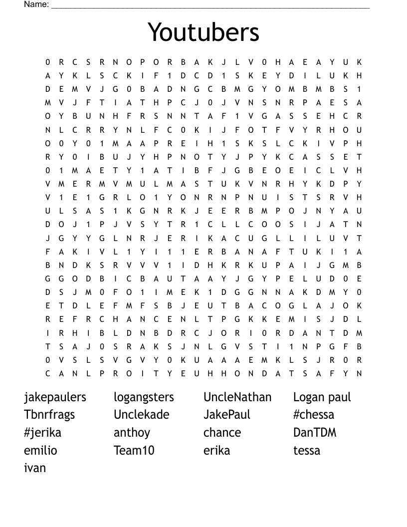 Youtubers Word Search