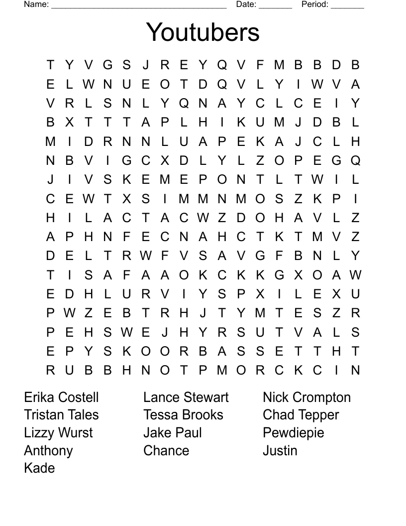 Youtubers Word Search