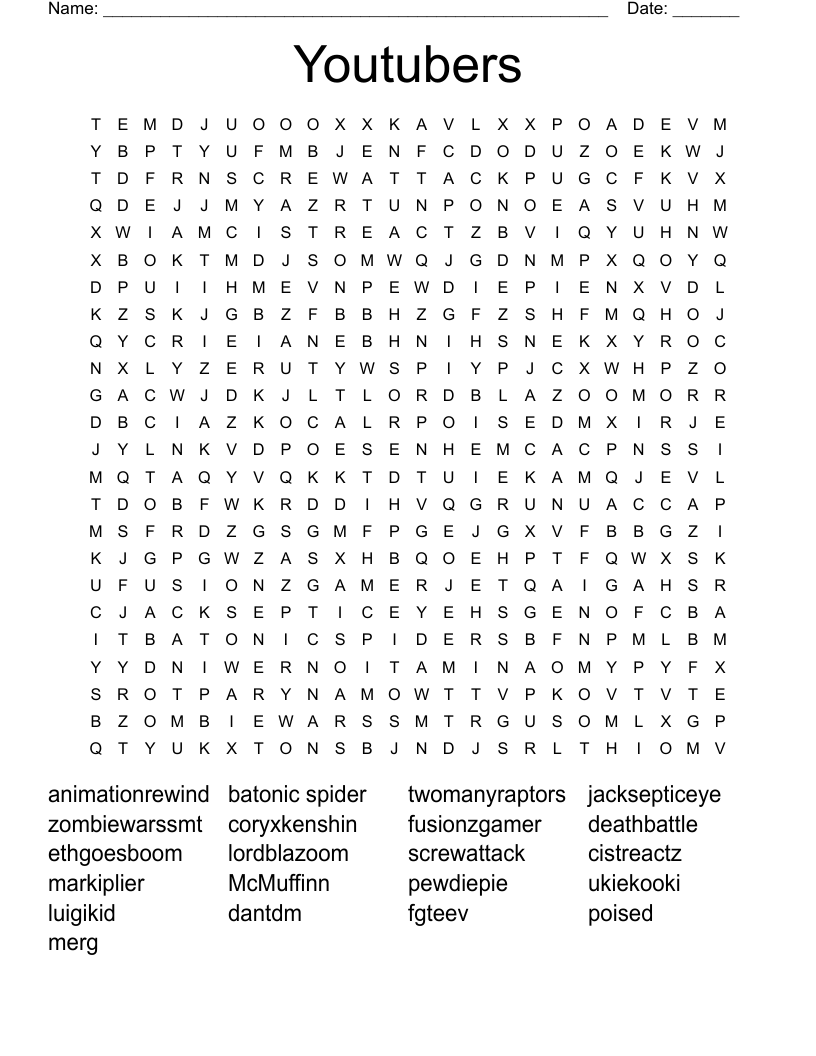 Youtubers Word Search