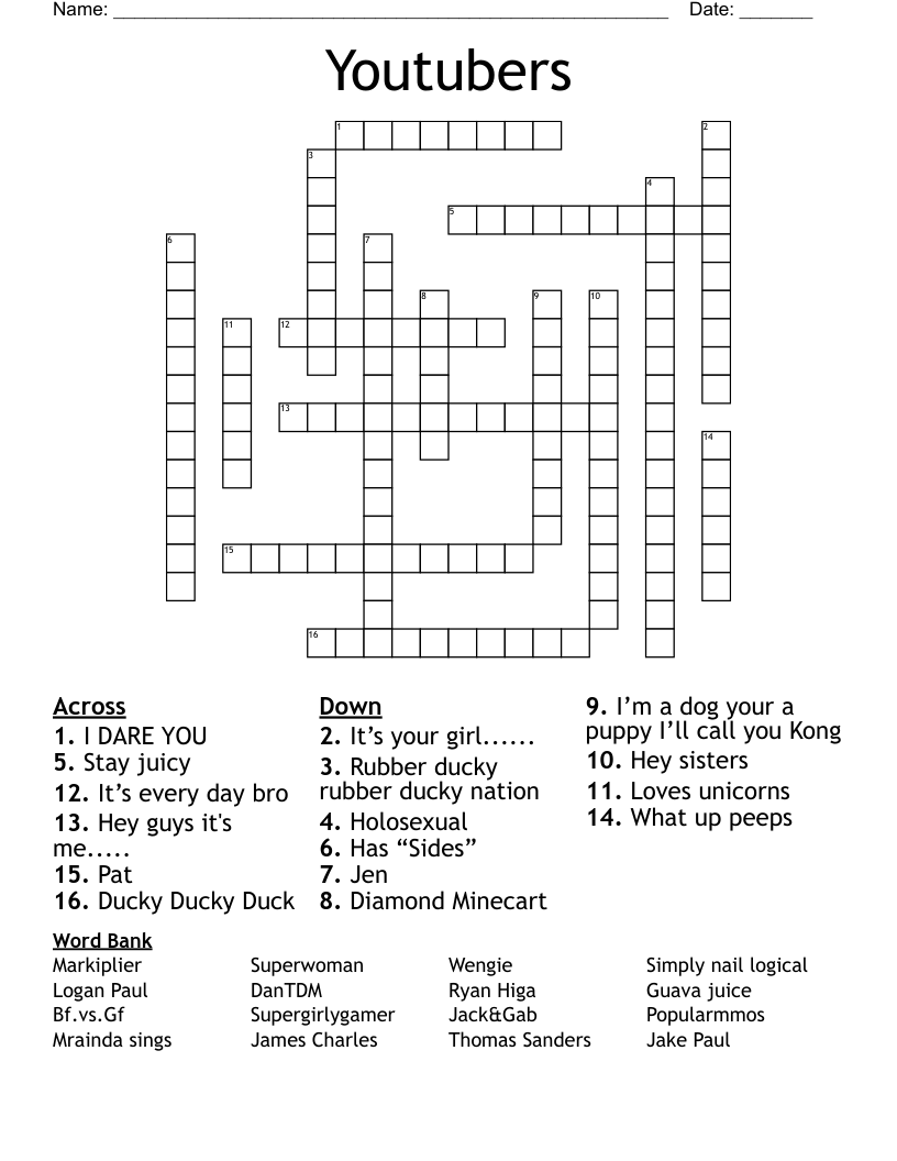 Youtubers Crossword