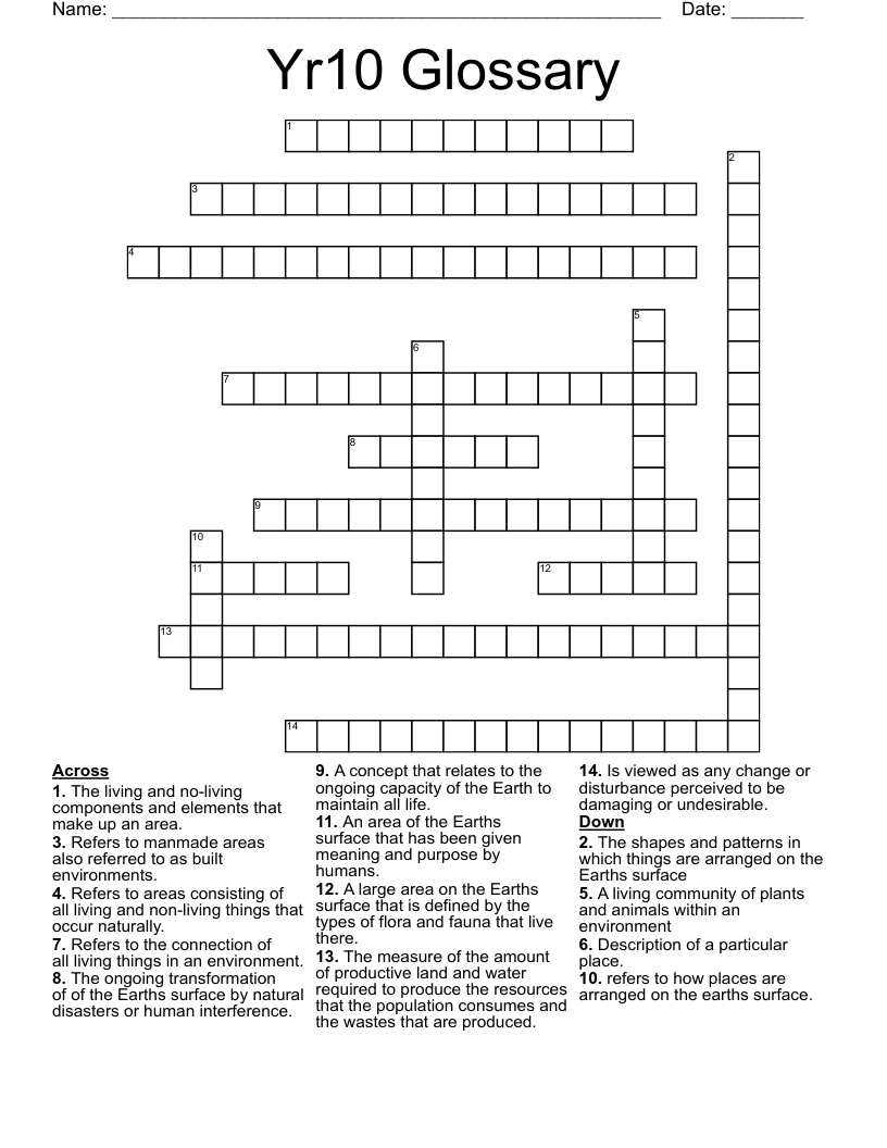 Yr10 Glossary Crossword