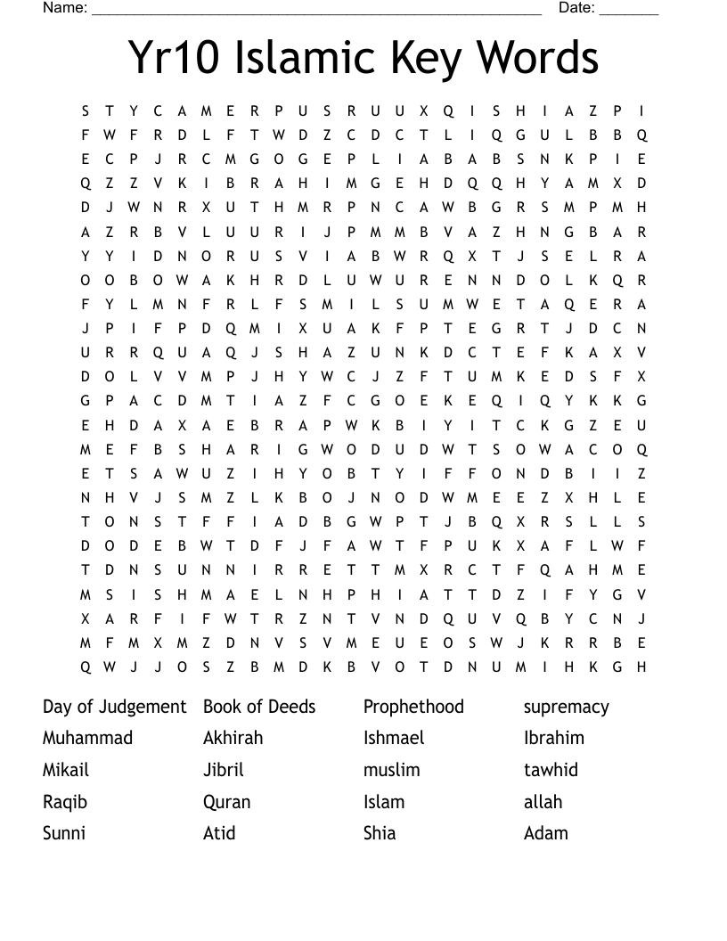 Yr10 Islamic Key Words Word Search