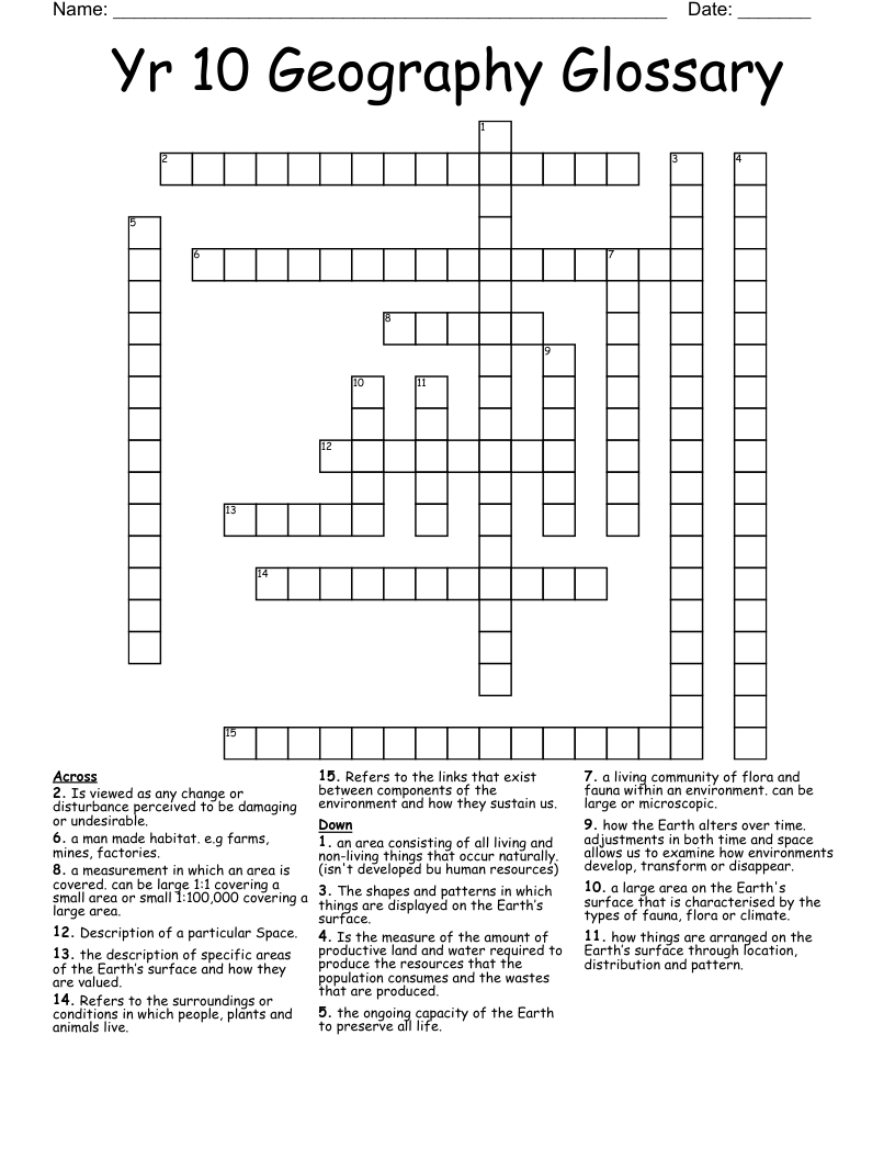 Yr 10 Geography Glossary Crossword