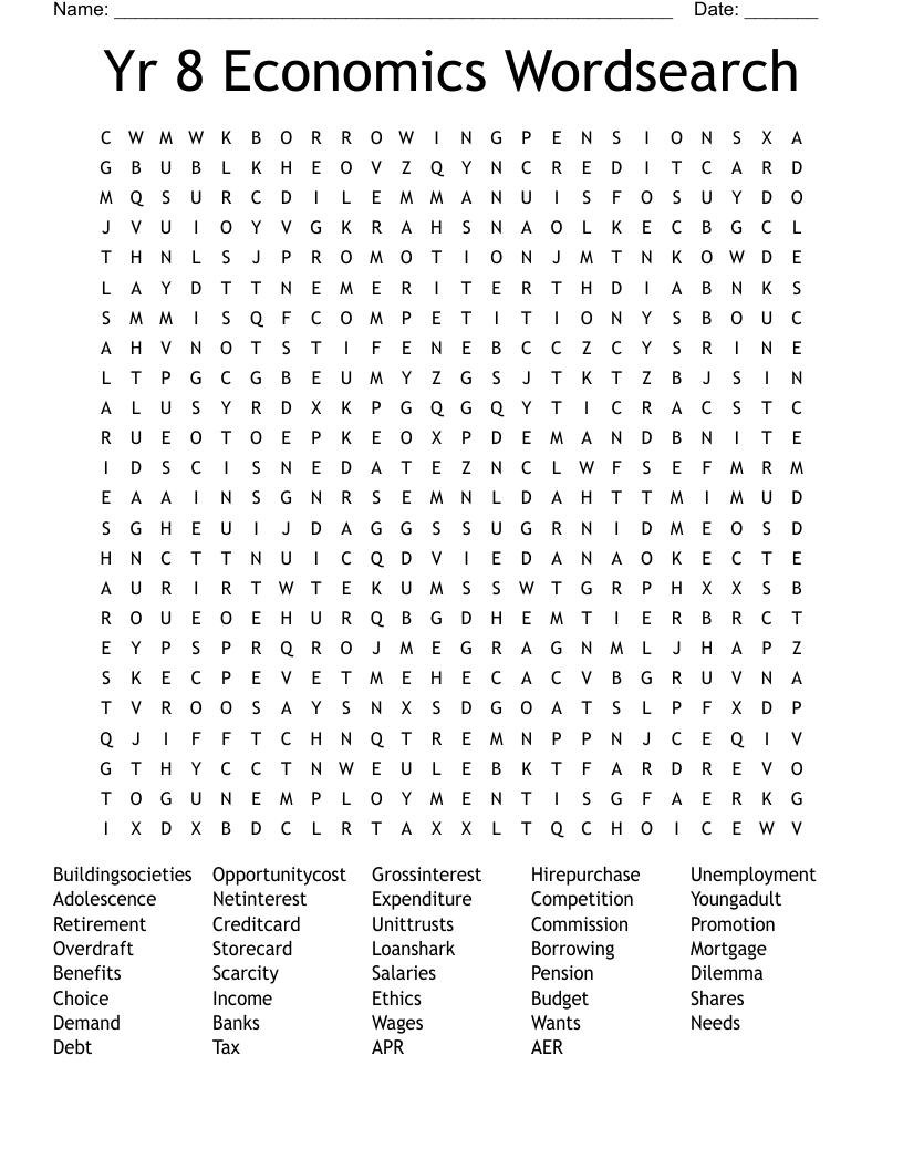Yr 8 Economics Wordsearch 