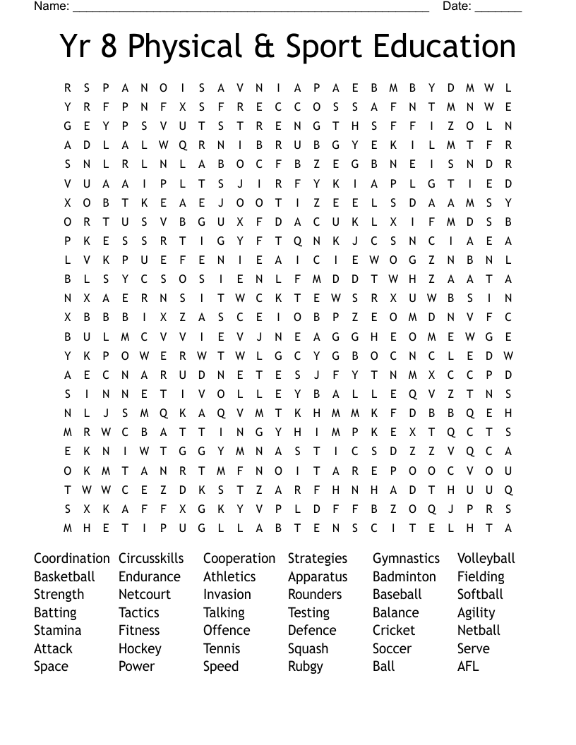 Yr 8 Physical & Sport Education Word Search