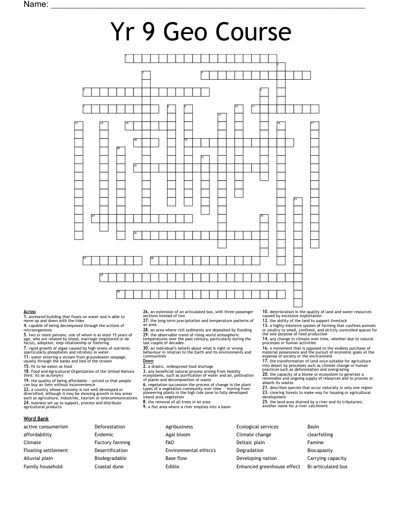 Yr 9 Geo Course Crossword