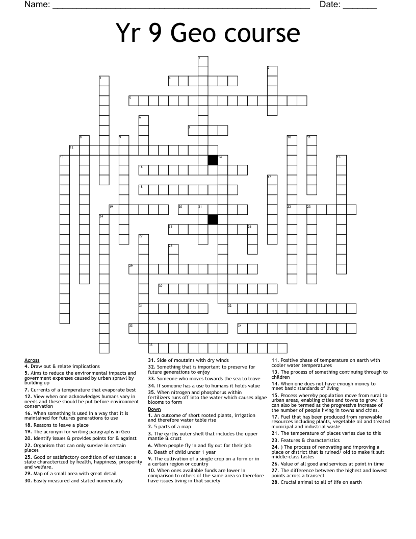 Yr 9 Geo course  Crossword