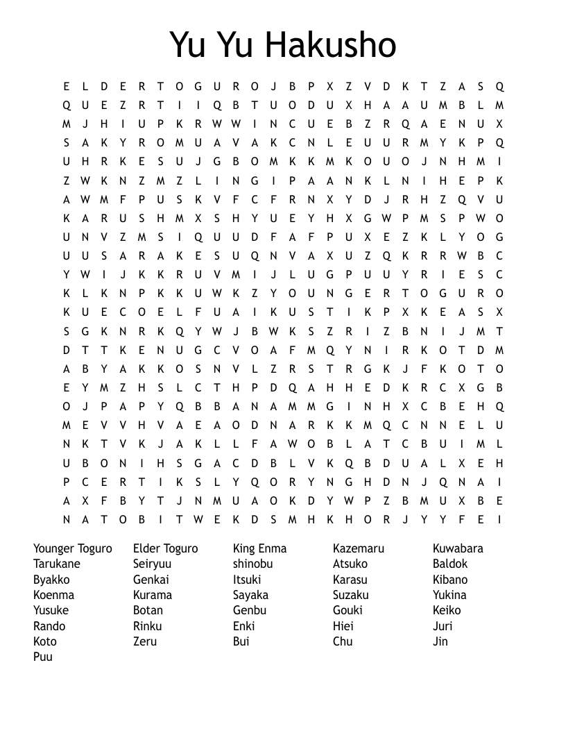 Yu Yu Hakusho Word Search