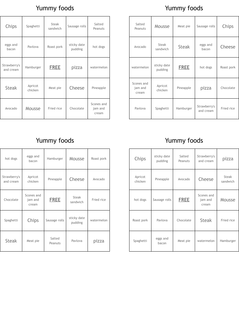 Yummy foods Bingo Cards