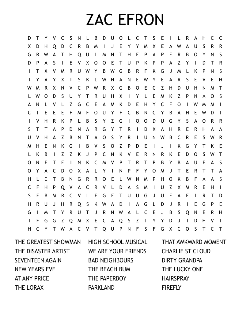 ZAC EFRON Word Search