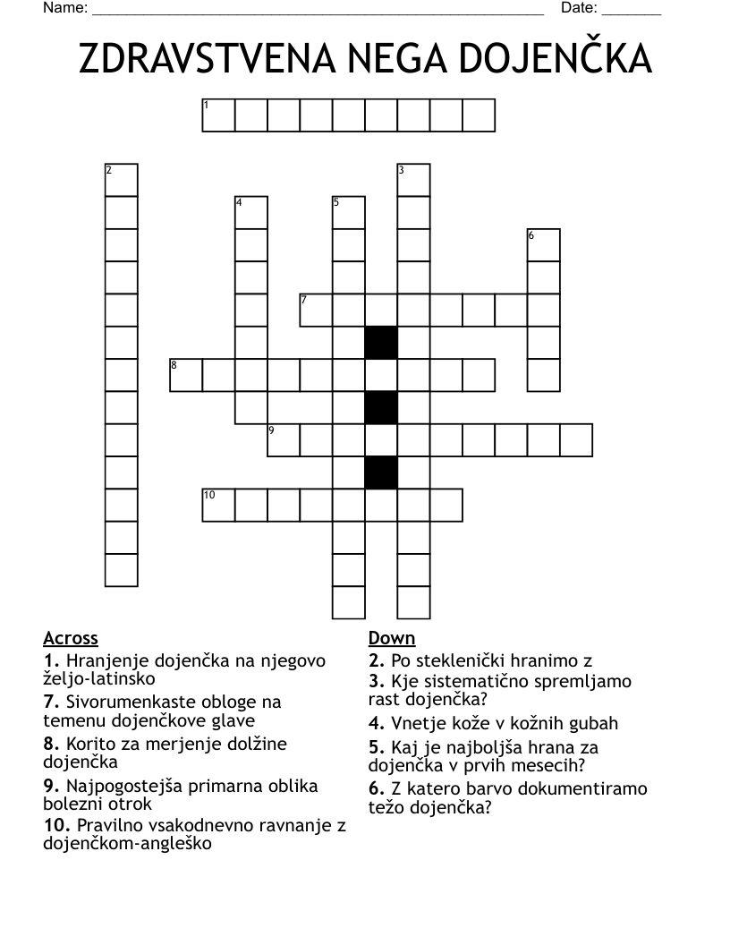 ZDRAVSTVENA NEGA DOJENČKA Crossword