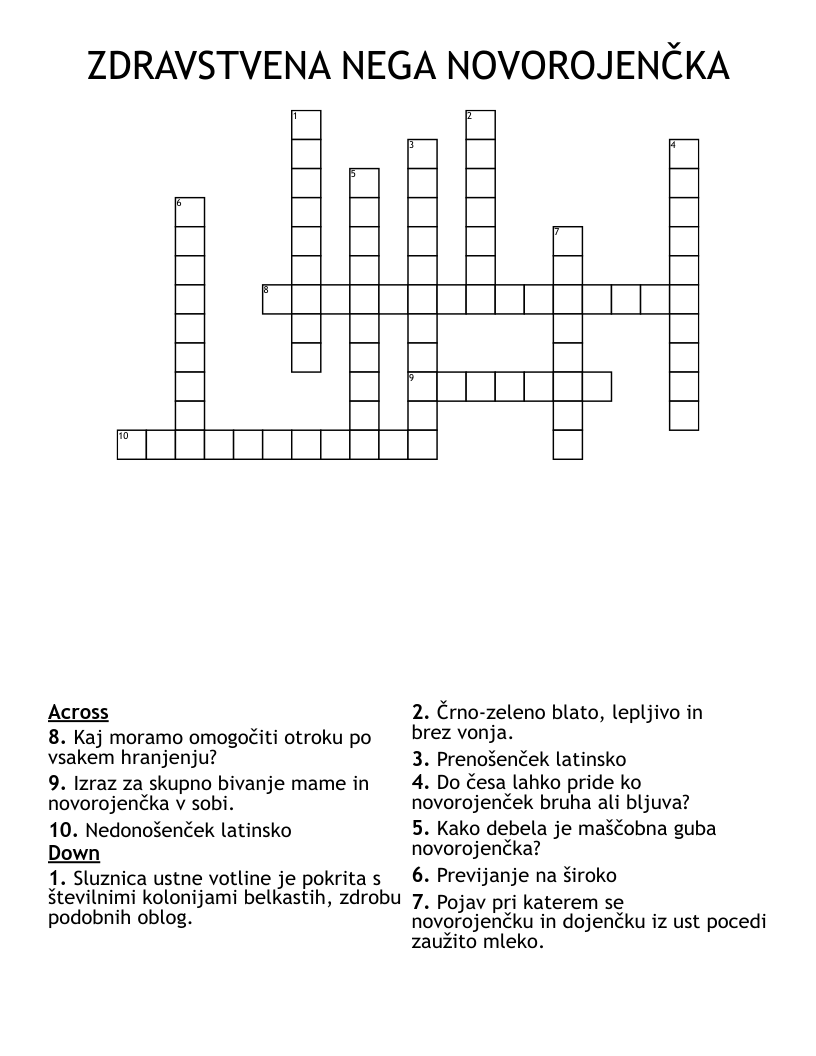 ZDRAVSTVENA NEGA NOVOROJENČKA Crossword