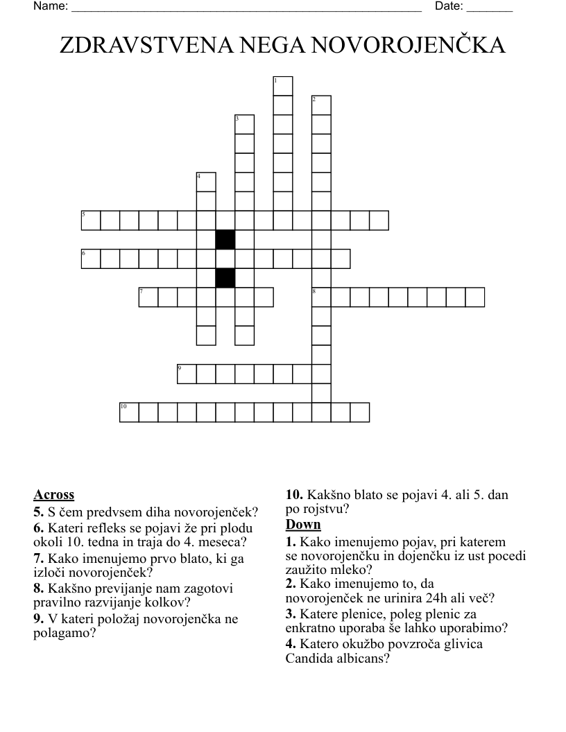 ZDRAVSTVENA NEGA NOVOROJENČKA Crossword