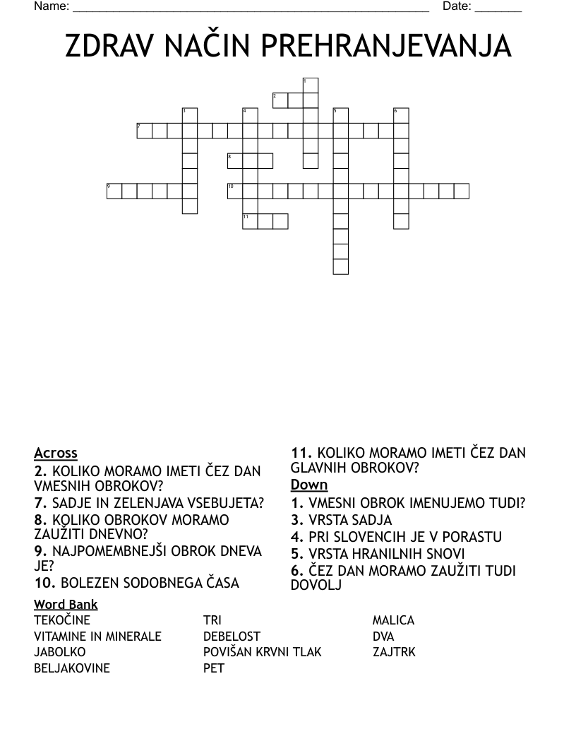 ZDRAV NAČIN PREHRANJEVANJA  Crossword