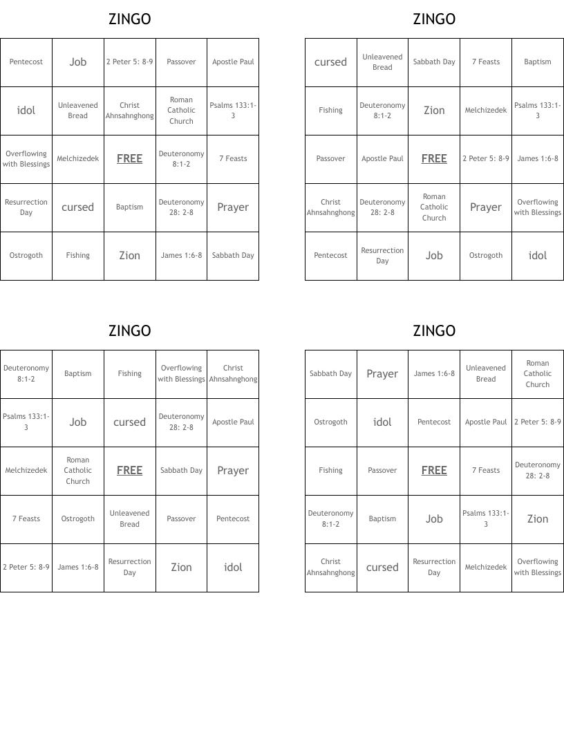 ZINGO Bingo Cards