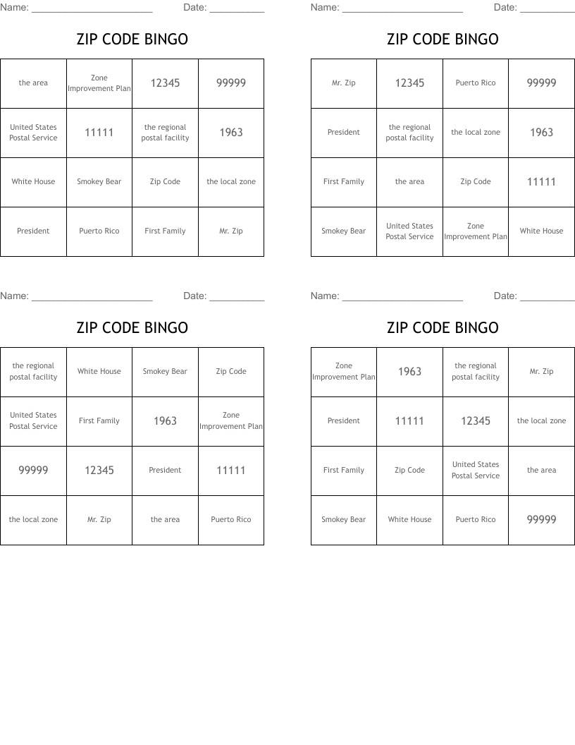 ZIP CODE BINGO
