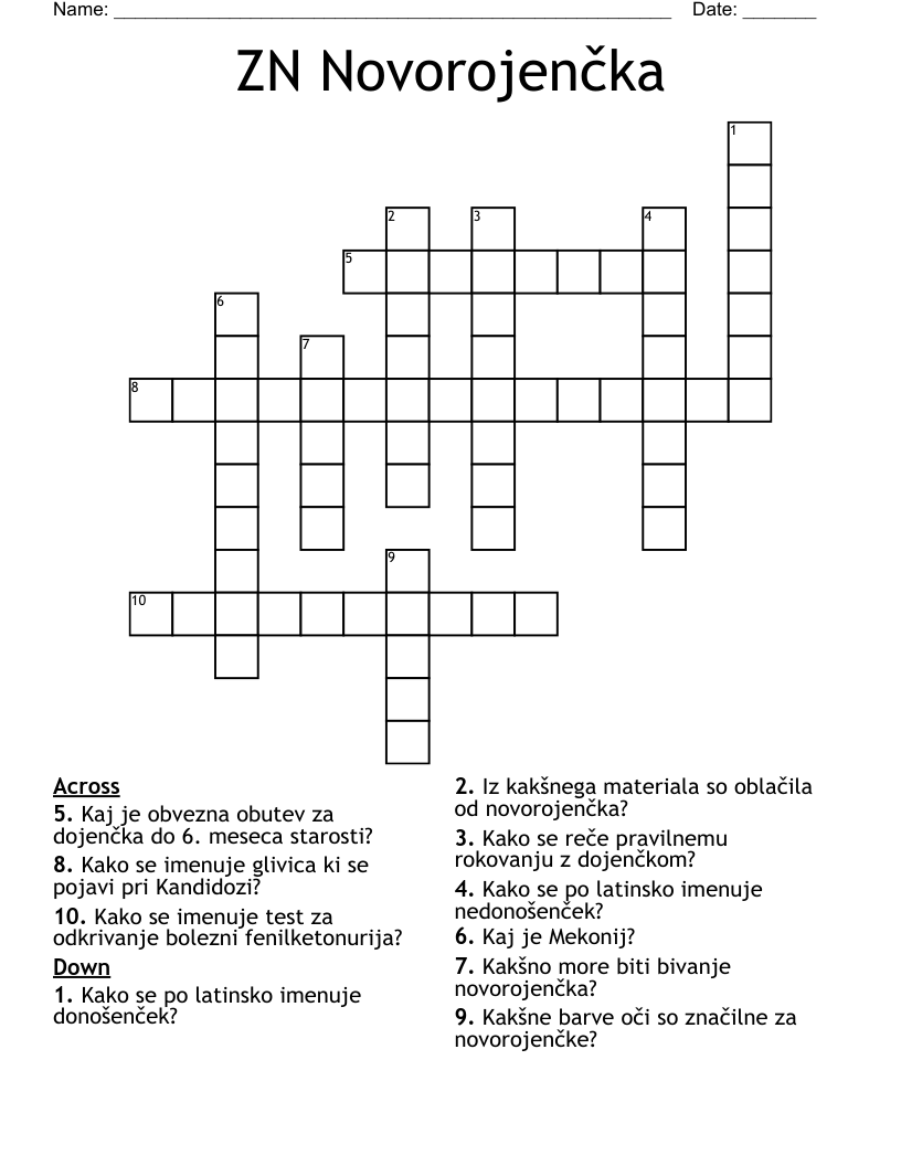 ZN Novorojenčka Crossword
