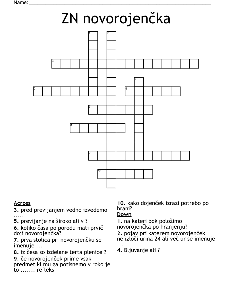 ZN novorojenčka  Crossword
