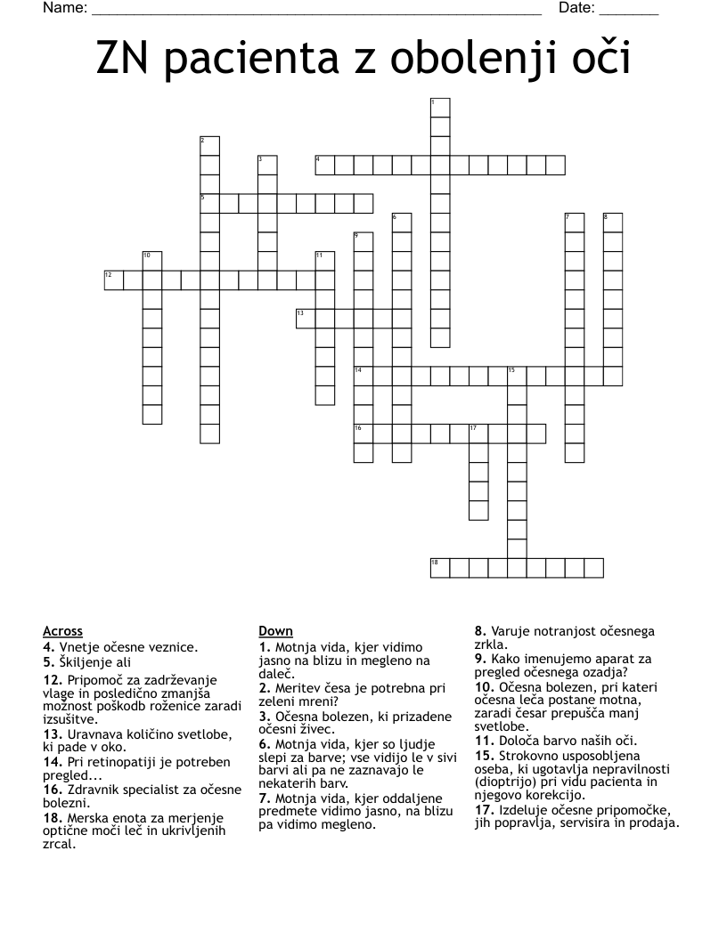 ZN pacienta z obolenji oči Crossword