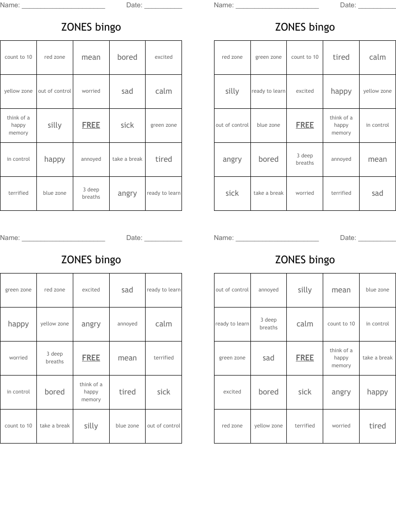 ZONES bingo