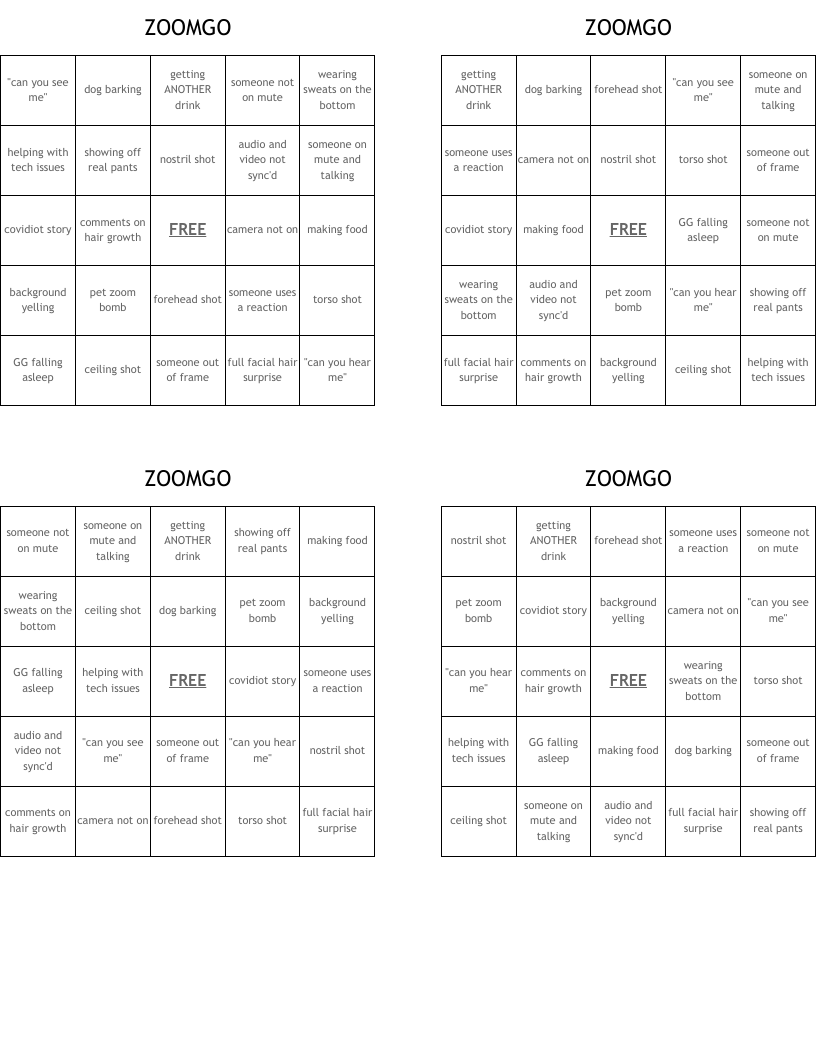 ZOOMGO Bingo Cards
