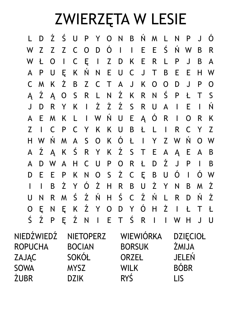 ZWIERZĘTA W LESIE Word Search