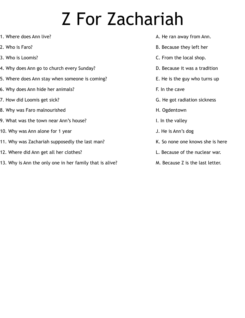 Z For Zachariah  Worksheet