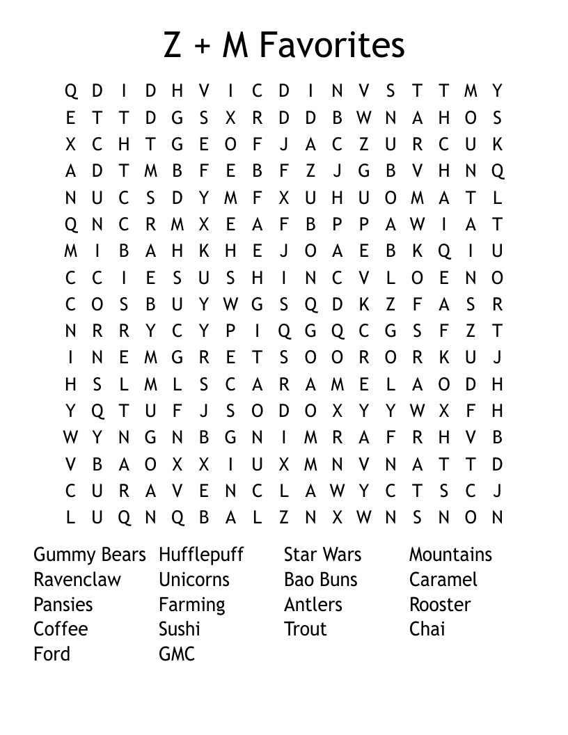 Z + M Favorites Word Search