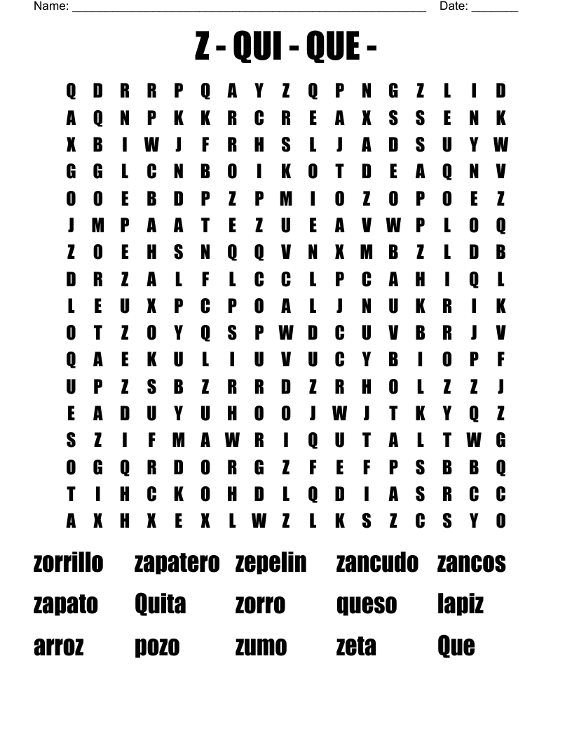 Z - QUI - QUE -  Word Search