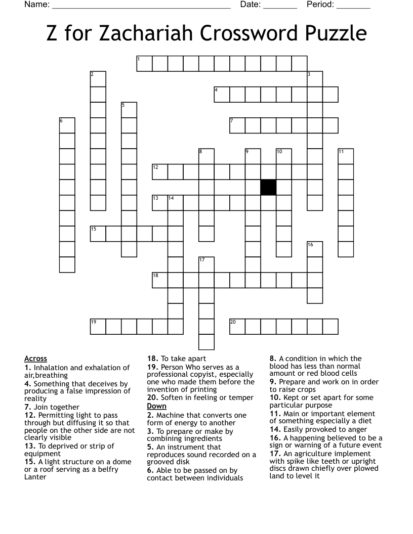 Z for Zachariah Crossword Puzzle 