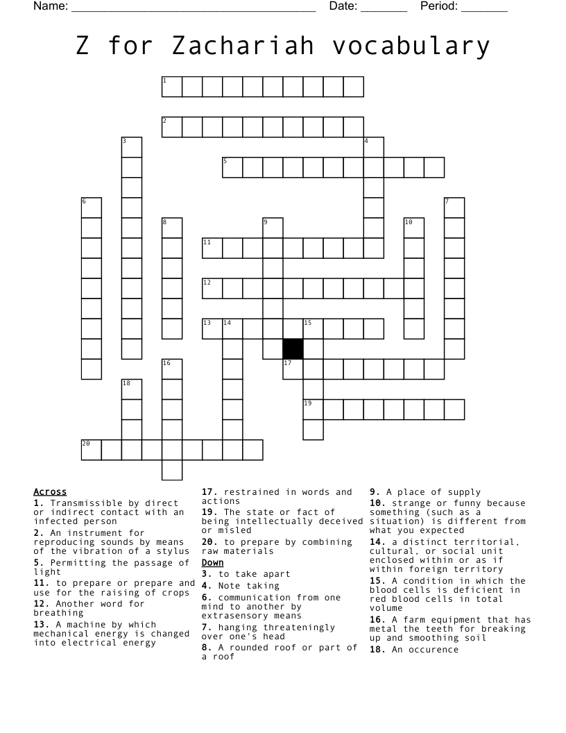 Z for Zachariah  vocabulary  Crossword