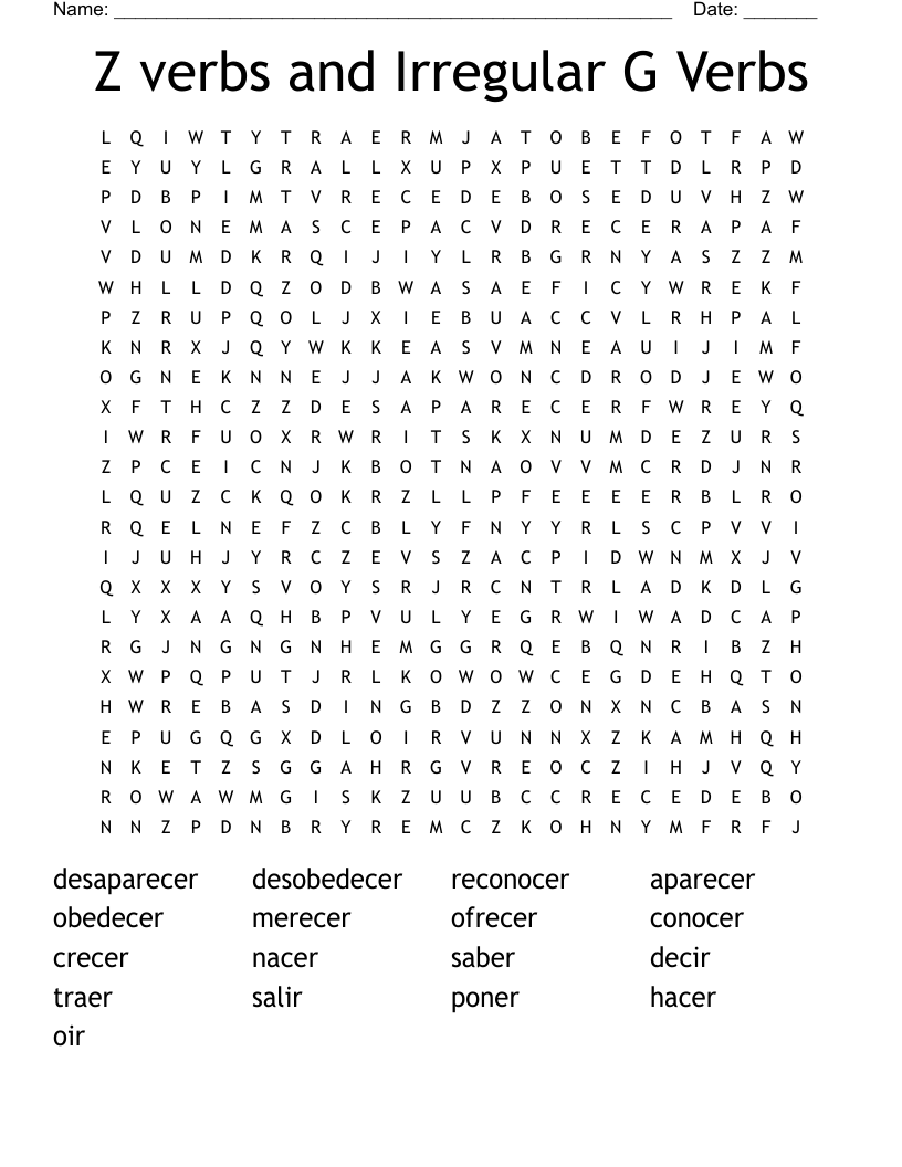 Z verbs and Irregular G Verbs Word Search