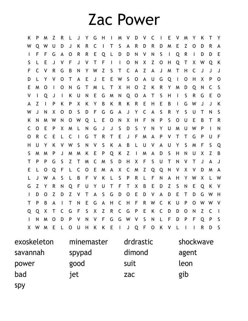Zac Power Word Search