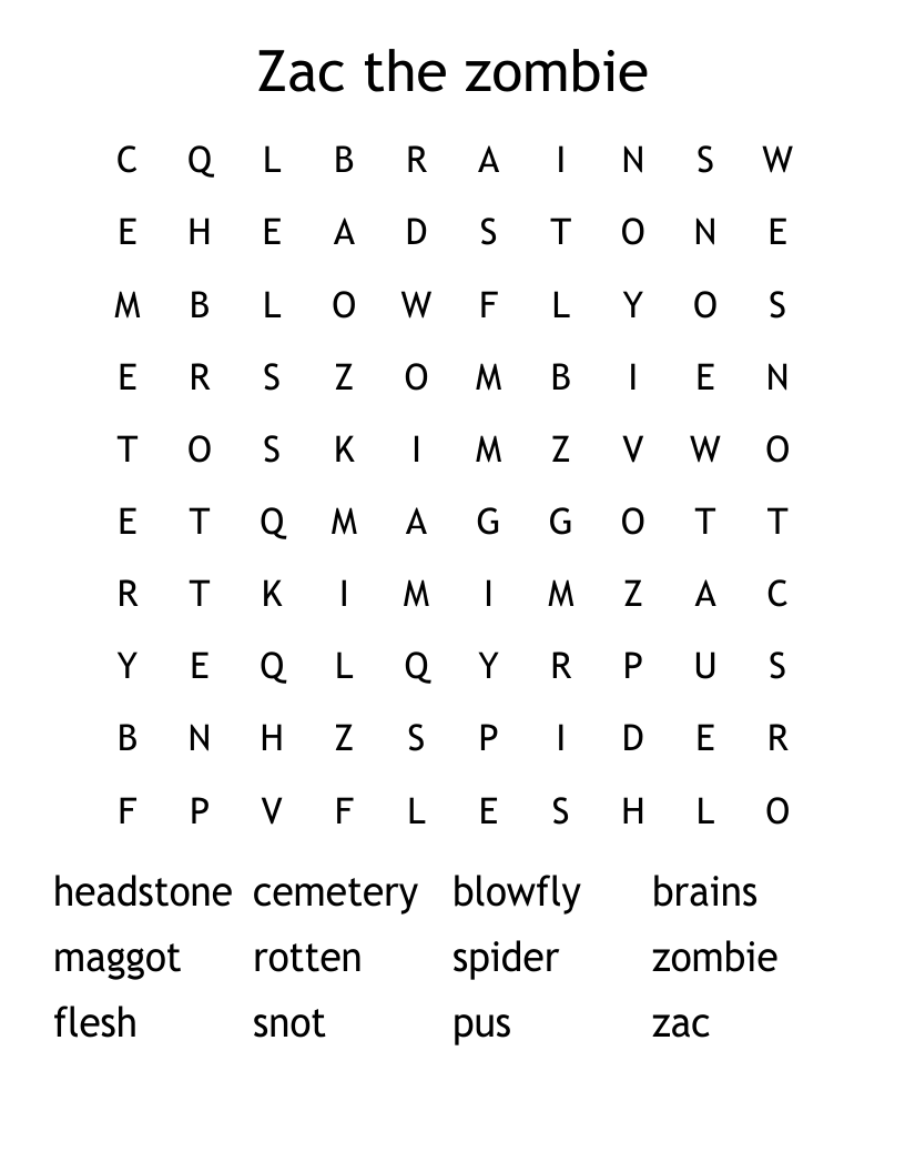 Zac the zombie Word Search