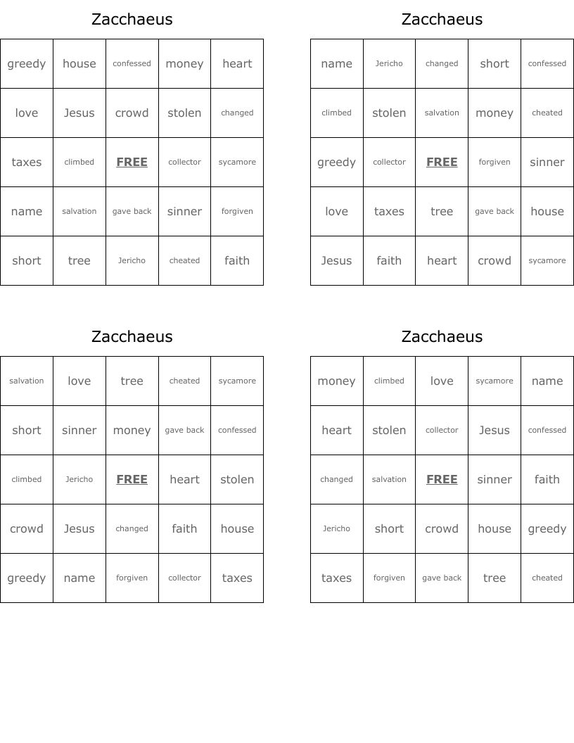 Zacchaeus Bingo Cards