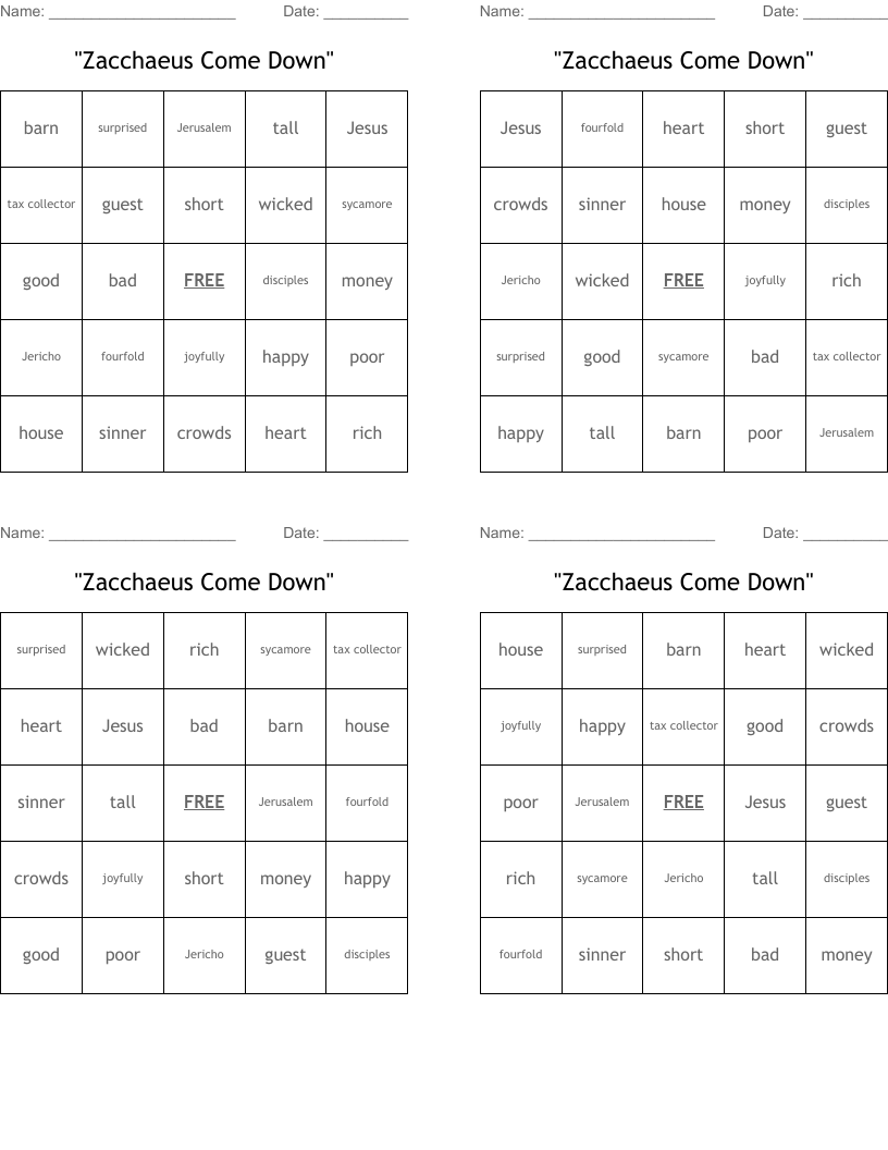 "Zacchaeus Come Down" Bingo Cards