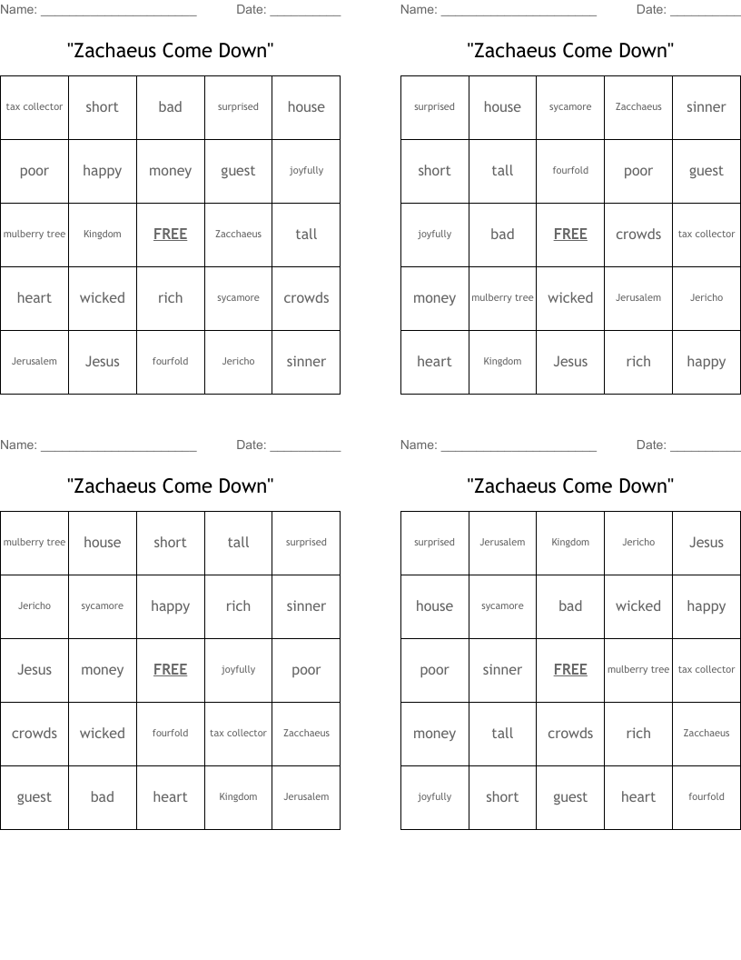 "Zachaeus Come Down" Bingo Cards